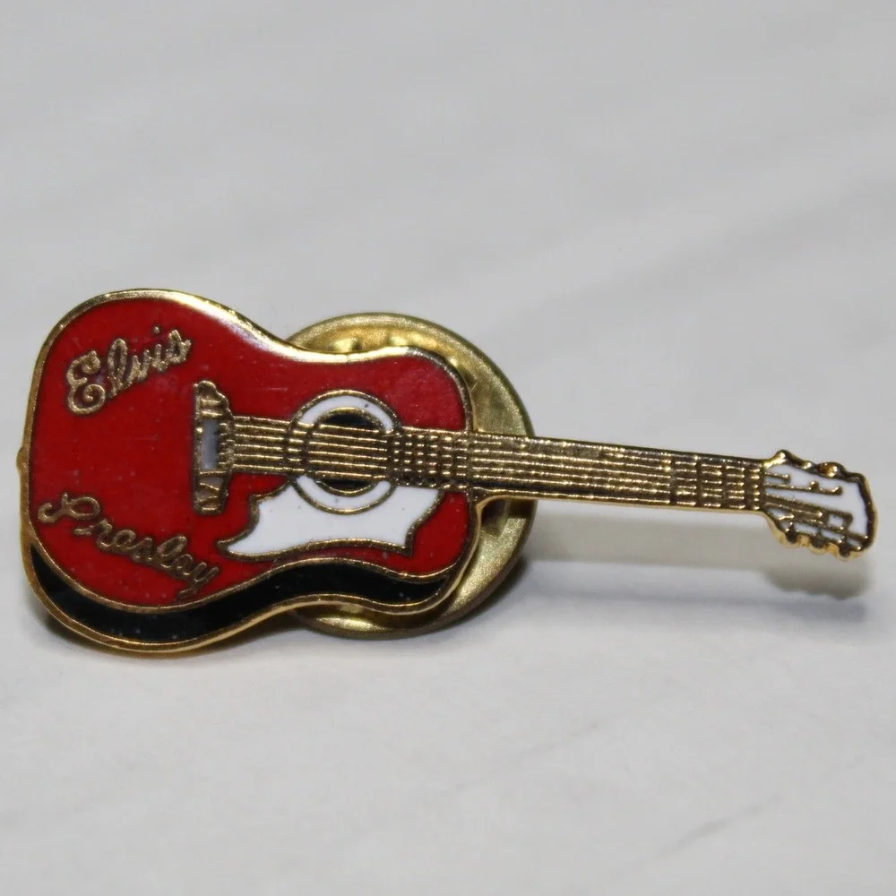 Graceland Elvis Presley Guitar Pin Red Gold Cloisonne Enamel EPE Rock Roll Music